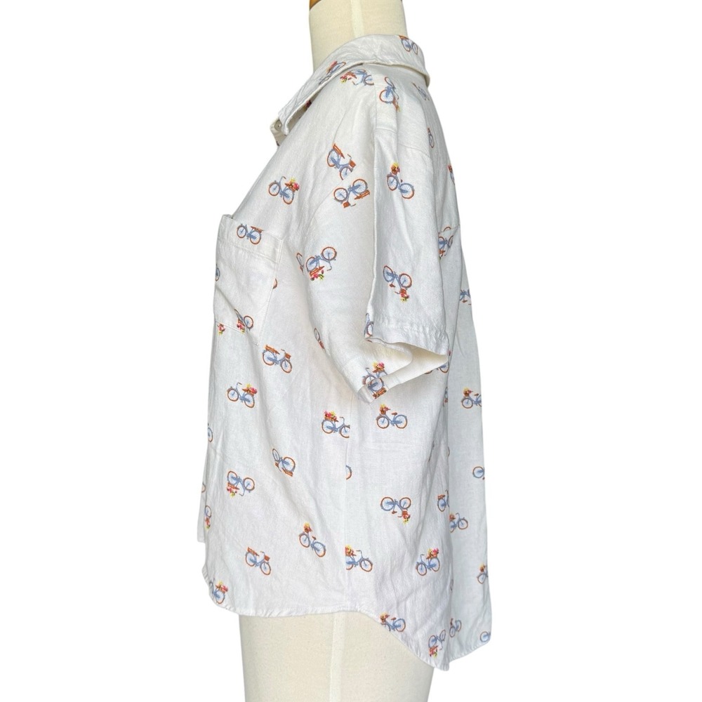Rae Dunn Bicycle Print Button Down Shirt Women's Large White Linen Blend Top - Picture 2 of 7